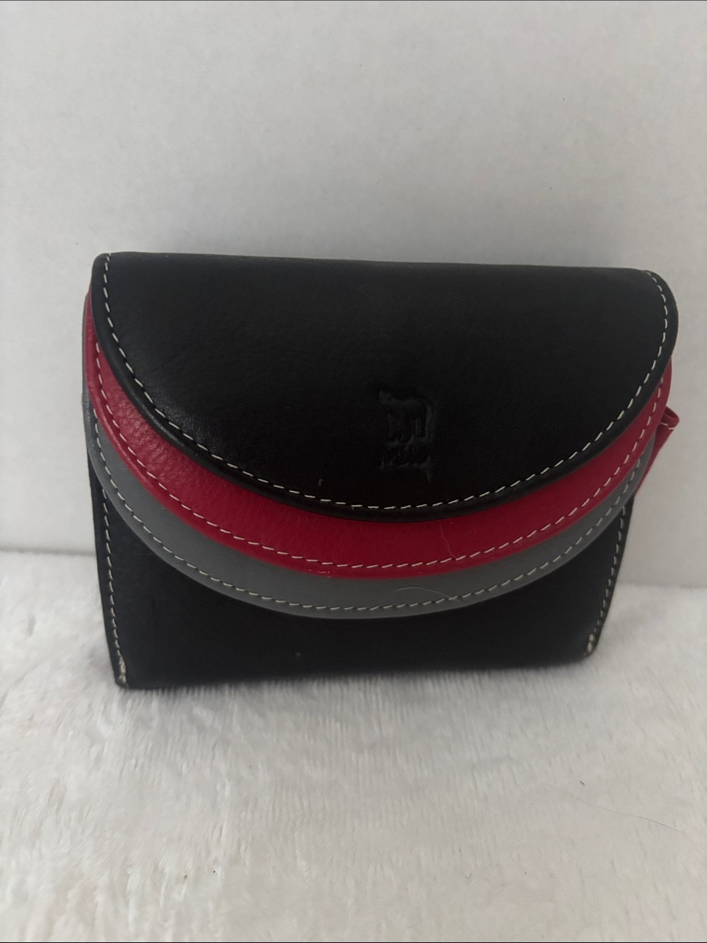 Trifold Leather Wallet in Black with Red and Gray Accents